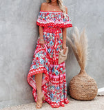 MQTIME  -  Boho Dress Slash Neck Floral Printed Summer Dress Femme Hippie Vestidos A-line Holiday Robes Chic Maxi Dresses