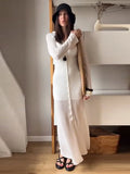 MQTIME  -  Deep V Cardigan Dresses Women Hollow Sexy Single-breasted Long Cardigan Summer White Slim-fit Long Sleeve Vacation Ladies Robe