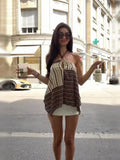 MQTIME  -  Retro Striped Halter Cami Top Women Sexy Sleeveless Ring Detail Asymmetric Hem Casual Beach Blouse Summer Holiday Party Wear
