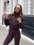  MQTIME  -  Solid High Neck Coat Slim Pants Set Women New Cropped Jacket High Waist Pants Suit Female Spring Winter Warm Chic Outwear Sets