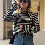 MQTIME  -  Autumn and Winter New Product Simple Contrasting Color Striped Round Neck Knitted Pullover Long Sleeved Elegant Sweater