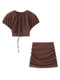 MQTIME  -  Women's Mini Dress Two Piece Set O-neck Short Puff Cropped Top High Waist Hip Package Pleated Female Sets Elegant Lady Outfits