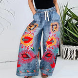 MQTIME  -  2024 Retro Elegant Women Printed Long Pants Fashion Pockets Temperament Pant All Match Mid Waist Drawstring Wide Leg Trousers