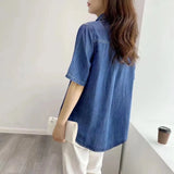 MQTIME  -  Women's Denim Shirt Summer Short Sleeve Loose Single Breasted Blouse Casual Cotton Jean Shirt Tops For Ladies