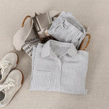  MQTIME  -  Children's Cotton Linen Buttons Black And White Striped Suit Autumn New Boys And Girls Long-Sleeved Shirt Drawstring Shorts Sets