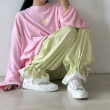 MQTIME  -  Women's Striped Wide Leg Pants Lace Trim Cuff Elastic Waist Drawstring Casual Loose Long Trousers Summer Boho Cute Pants