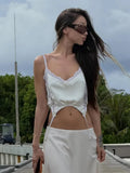 MQTIME  -  Women White Satin Spaghetti Strap Lace Trim Asymmetrical Hem Blouse Boho Sleeveless Top ladies Summer Beach Vacation Shirts