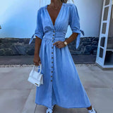 MQTIME  -  Summer New Sexy V-neck Women Long Dress Fashion Button Female Slim Denim Dresses