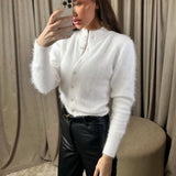 MQTIME  -  Women's Casual Fuzzy Knit Cardigan Sweater Crew Neck Long Sleeve Button Front Cropped Mohair Soft Warm Winter Outerwear