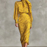  MQTIME  -  Spring New Design Sensation Satin Wave Dot Western Style High Collar Shirt and Half Skirt Two Piece Set for Women