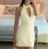 MQTIME  -  Spring Women's Clothing New Sexy Neck Button Low Cut Back Hollow Out Hanging Neck Dress Female Fashion Slimming Dresses