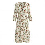 MQTIME  -  2026 Spring and Summer New Holiday Style Printing V-neck Lace-up Waist Dress