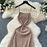MQTIME  -  Summer New Knitted Pleated Long Dress High Waist Midi Sling Dresses Elegant Sleeveless Women Streetwear Black Bodycon Vestidos