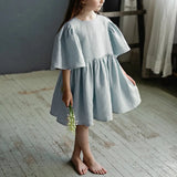  MQTIME  -  Summer Retro Linen Loose Flared Sleeve Dress Girls New Solid Color Cotton And Linen Casual Back Bow Tie Princess Dresses
