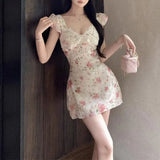 MQTIME  -  Women Pink Floral Lace Ruffle V Neck Mini Dress Flying Sleeve Slim Bodycon Summer Printed A-Line Korean Party Elegant Dresses
