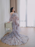 MQTIME  -  Off-Shoulder Maternity Gown for Photo Shoot with Long Train Soft Mesh Chiffon Floral Print Wedding Dress for Pregnant Women ﻿