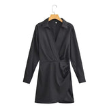 MQTIME  -  Women Long Sleeve Lapel Dress Solid Color Summer Fashion Streetwear Female Pleated Dresses Office Lady Elegant Shirt Dress