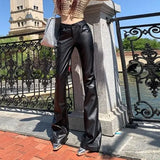 MQTIME  -  Women Black Faux Leather High Waist Flare Pants Slim Stretch PU Leather Autumn Wide Leg Floor Length American Bootcut Trousers