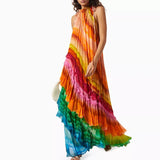 MQTIME  -  Elegant Striped Colorful Cake Party Dress Sexy Off Shoulder Banquet Draped Long Dress Formal Occasion Loose O-Neck Ruffles Dress