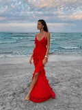 MQTIME -  Solid Ruffle Backless Maxi Dress 2024 New Elegant Sexy V-neck Sleeveless Suspender Slit Long Dresses Fashion Evening Party Dress