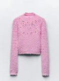 Mqtime Elegant Pink Mohair Sequin Sweater Women Fashion O Neck Long Sleeve Slim Knitted Pullover Autumn Winter Chic Ladies Knitwear