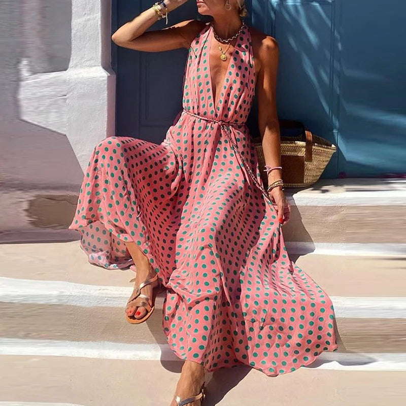Mqtime Summer Women Hollow Out Lace-Up Long Dress Elegant Polka Dot Ba mqtime Mqtime Summer Women Hollow Out Lace-Up Long Dress Elegant Polka Dot Ba mqtime