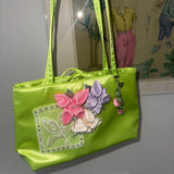 MQTIME  -  Y2K Green Satin Storage Bags 3D Flower Decor Handbag Vintage Embroidery Small Tote Cute Bead Charm Women Daily Underarm Bag
