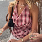MQTIME  -  Fairy Coquette Cowl Neck Backless Crop Tops Y2k Streetwear Women Vintage Plaid Halter Tank Tops Summer Sleeveless Shirt Vest