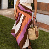 MQTIME  -  Casual Bohemian Striped Printed Women's Long Skirt Spring Summer Loose Commuting Half Skirt Vacation High Waist Party Skirt