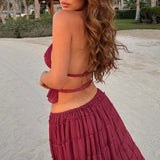 MQTIME  -  Sexy Backless Lace Up Beachwear Outfits Fashion Solid Color Sleeveless Tops & Pleated Skirts Suit New Elegant Loose Seaside Sets