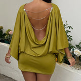 MQTIME  -  Metal Chain Backless Drape Patchwork Bodycon Mini Dress Women Sexy Batwing Sleeve Wrap Hips Slim Party Clubwear Vacation Outfits
