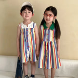MQTIME  -  Siblings Clothing 1-10Y Girls' Striped Sleeveless Lapel Dress Boys' Straps Overall Shorts Summer Children's Clothes