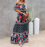 MQTIME  -  Boho Dress Slash Neck Floral Printed Summer Dress Femme Hippie Vestidos A-line Holiday Robes Chic Maxi Dresses