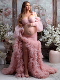 MQTIME  -  Pink Maternity Dress for Pregnancy Sweetheart Two Pieces Ruffles Prom Gown Side Slit Babyshower Gown Photoshoot Customized