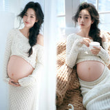 MQTIME  -  Women Maternity Dress for Photography White Elegant Knitted One-shoulder Pregancy Top Skirt for Studio Photo Shoot Clothing