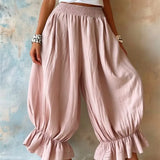 MQTIME  -  New Women Summer Casual Lantern Pants Fashion Falbala Ruffle Hem Elastic Waist Cotton Linen Blend Loose Fit Ladies Trousers