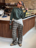  MQTIME  -  Fashion Grid Printed Long Pants For Women Elegant High Waist Wide Leg Trousers 2026 Spring New Street Lady Casual Baggy Pants