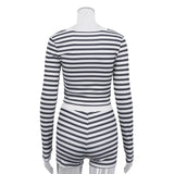 MQTIME  -  Women Casual Striped 2 Piece-Set Shorts Long Sleeve Crop Top High Waist Shorts Streetwear Fashion Outfits Female Sets New
