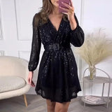 MQTIME  -  Women Elegant Office Slim Sequins Dress Fashion 2025 Glitter V-Neck Belt Party Dress Temperament Spring Long Sleeve Pleat Dress