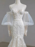 MQTIME  -  Elegant Noble White Lace Evening Dress Puff Sleeves Gauze Embroidery Slimming Trailing Mermaid Pom Dress Lady Party Dinners