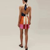 MQTIME  -  Backless Sexy Island Beach Mini Dress Casual Bohemian Slim Summer Coquette Short Dresses Blocking Color Lady Halter Tie Up Dress