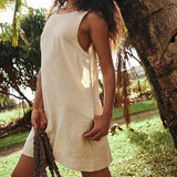MQTIME  -  Cotton and Linen Short Dress Backless Solid Color Mini Dress Round Neck Open Back Beach Dress Boho Vestidos