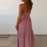 MQTIME  -  Retro Plaid Backless Cross Vacation Dress Sexy Suspender Off Shoulder Splice Dress Temperament Pleated Waist Cinch A-Line Dress
