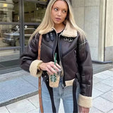 MQTIME  -  Woman's Fashion Thick Warm Faux Shearling Jacket Coat Women Vintage Long Sleeve Belt Hem Female Leather Outerwear Chic Tops