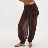 MQTIME  -  Women's Long Bloomers Layered Skirted Pants with Belt Tied Sheer Balloom Mid Rise Sheer Slips Bubble Culottes Bottoms