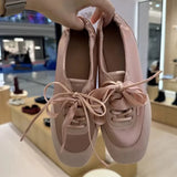 MQTIME  -  Satin Patchwork Lace-up Retro Sneakers for Women Ballet-Style Square Toe Designer Flats Comfortable Soft Outdoor Casual Shoes