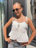 MQTIME  -  Women Fashion White Hollow Out Sling Top Sexy Tie Straps Button Front Peplum Hem Vest Summer Y2k Street Holiday Shirts