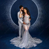 MQTIME  -  Sequin Maternity Photography Dress Glittering Rhinestones Dress Maternity Baby Shower Robe Pregnant Wedding Dress Photo Shoot