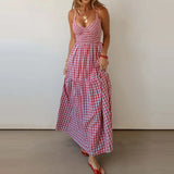 MQTIME  -  Retro Plaid Backless Cross Vacation Dress Sexy Suspender Off Shoulder Splice Dress Temperament Pleated Waist Cinch A-Line Dress