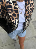 MQTIME  - Women Casual Leopard Print Bomber Jacket Elegant Lapel Long Sleeves Zipper Pockets Loose Coat 2024 Autumn Lady High Streetwewar